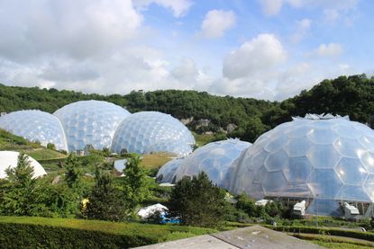 the eden project on sunny day, designed by nicholas grimshaw