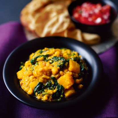 North Indian Chickpea, Lentil and Squash Curry with Red Onion and Tomato Salad-recipes-woman and home