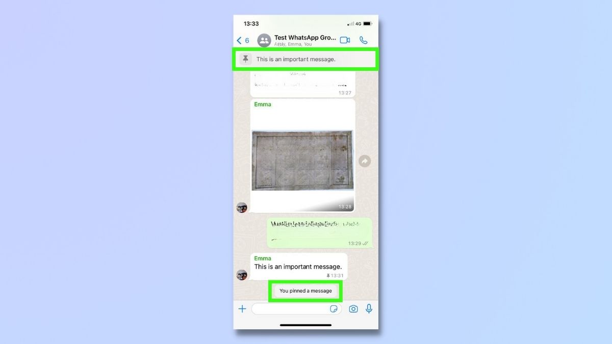 снимок экрана, показывающий, как закрепить чаты WhatsApp на iPhone — сообщение закреплено