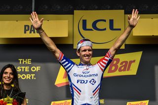Groupama-FDJ's Arnaud Demare on the podium after winning stage 18 at the tour de France