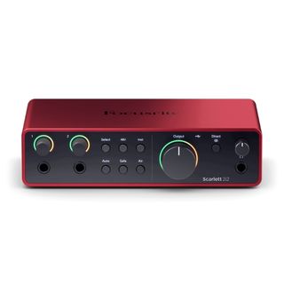 The front panel of a Focusrite Scarlett 2i2 audio interface on a white background