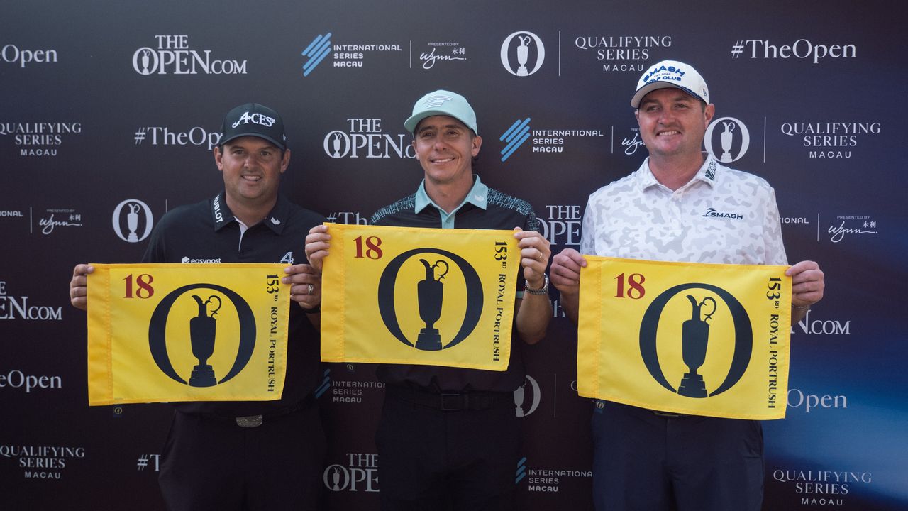 Patrick Reed, Carlos Ortiz and Jason Kokrak hold Open Championship flags at the International Series Macau