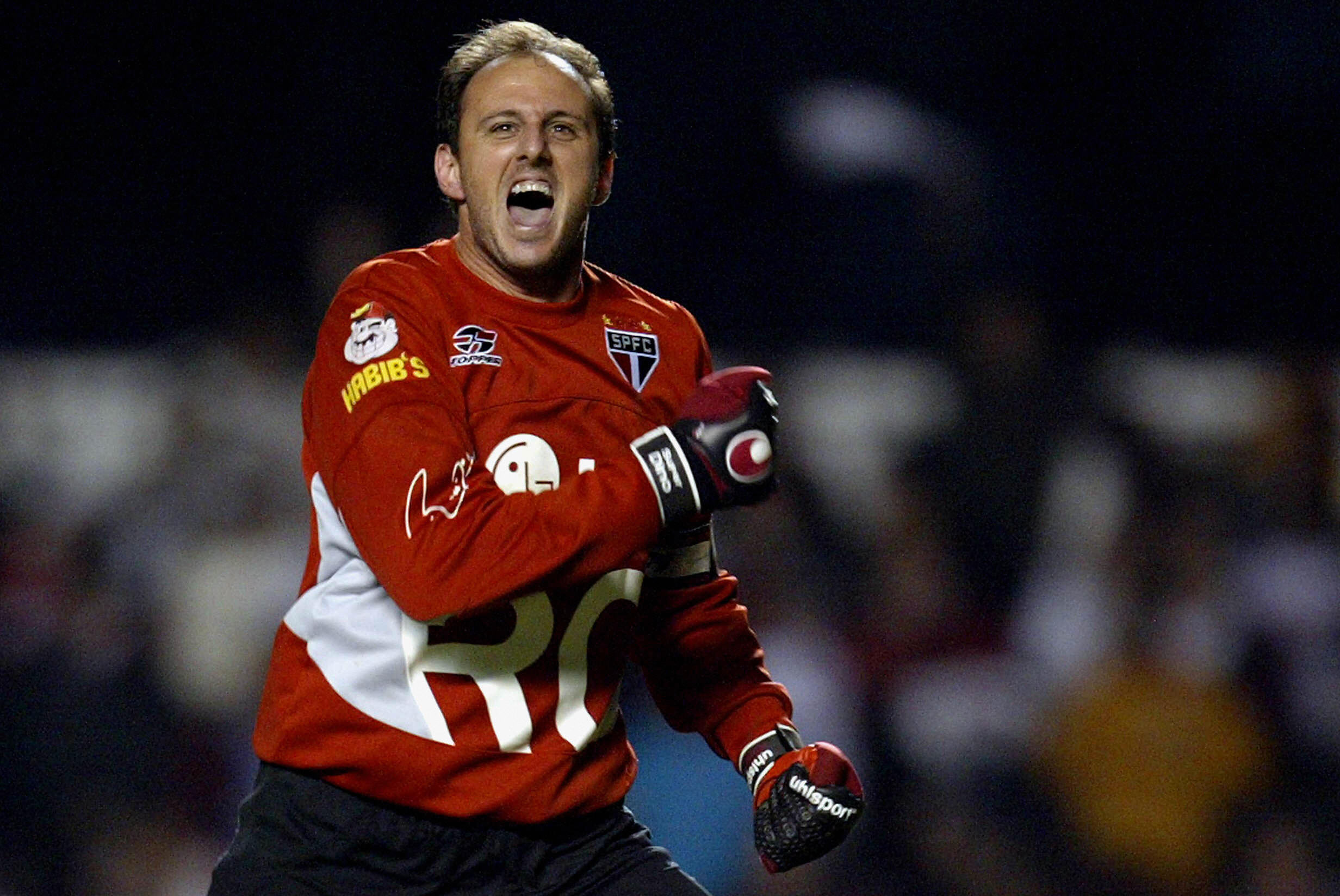 Rogerio Ceni celebrates after scoring a penalty for Sao Paulo against River Plate in the Copa Libertadores in June 2005.