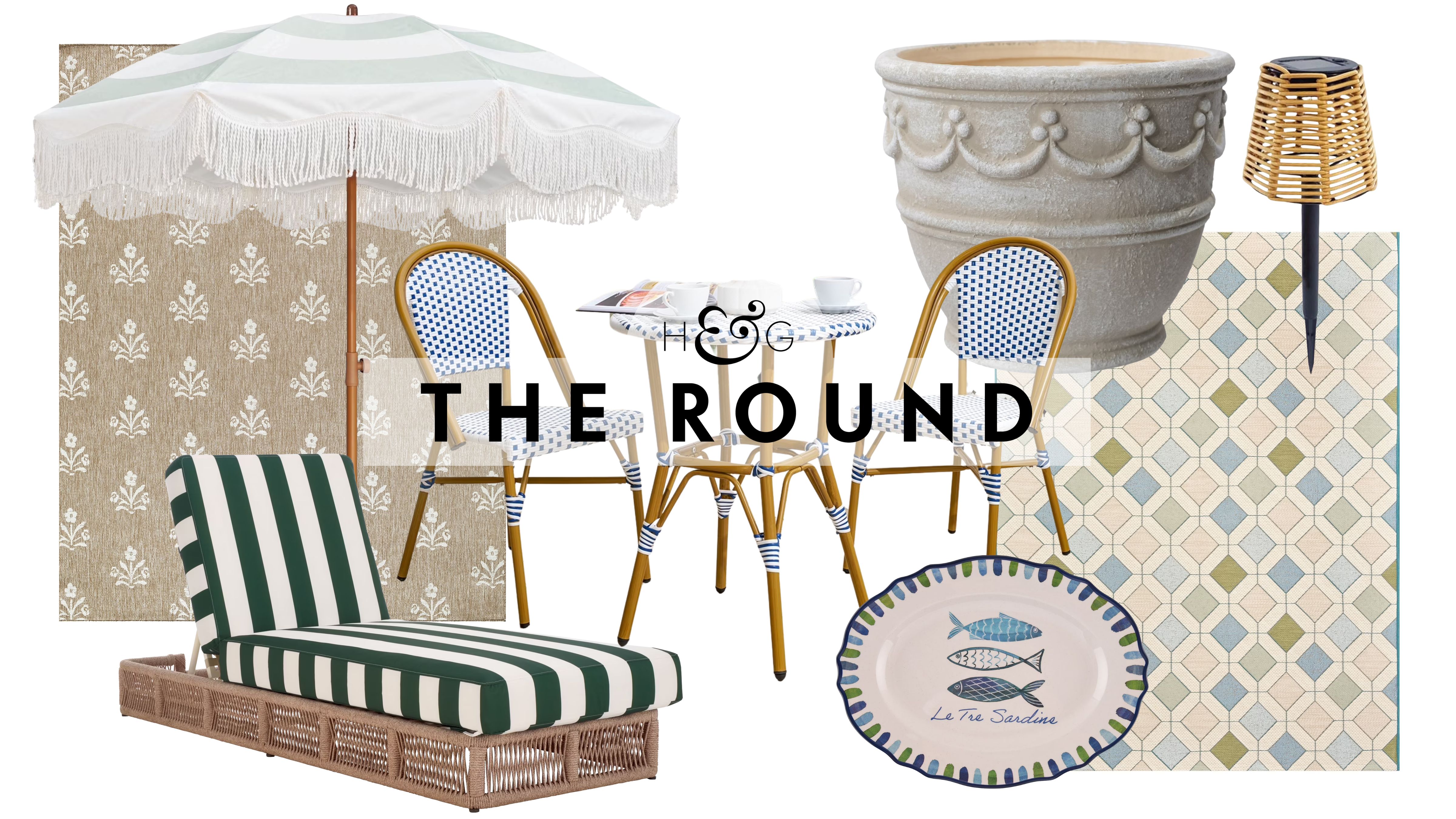 Summer 2026 Walmart outdoor decor, including two patterned patio rugs, a striped chaise lounge, French-style bistro set, fringed patio umbrella, melamine platter, planter, and wicker solar light