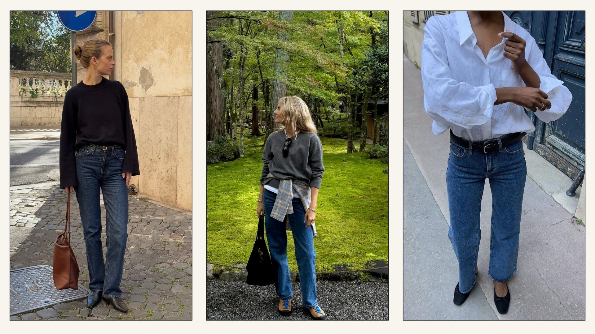 Collage of influencers wearing stove pipe jeans with boots, trainers and flats.