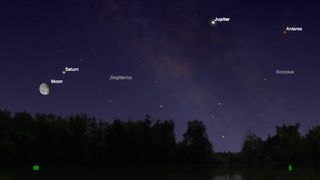 In the U.S., Saturn and the moon will rise after midnight on May 23. They’ll be in the constellation Sagittarius, to the left of Jupiter and the bright star Antares.