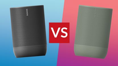 The Sonos Move versus the Sonos Move 2 on a colourful background