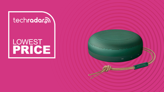 Beosound A1 in forest green on a pink background with the label "lowest price"