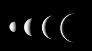 This set of images taken in 2004 show the phases and relative size of Venus as seen from Earth as it moves around the Sun. The images were taken using a websam attached to a 180cm Maksutov-Newtonian telescope.