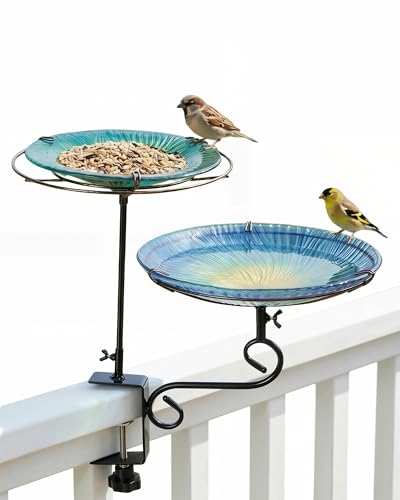 Teyigarden 2-In-1 Deck Mounted Bird Bath for Outside Glass Birdbath Bowl &amp;amp; Birdfeeder With Adjustable Sturdy Metal Clamp for Railing Balcony 11" Dia, Blue