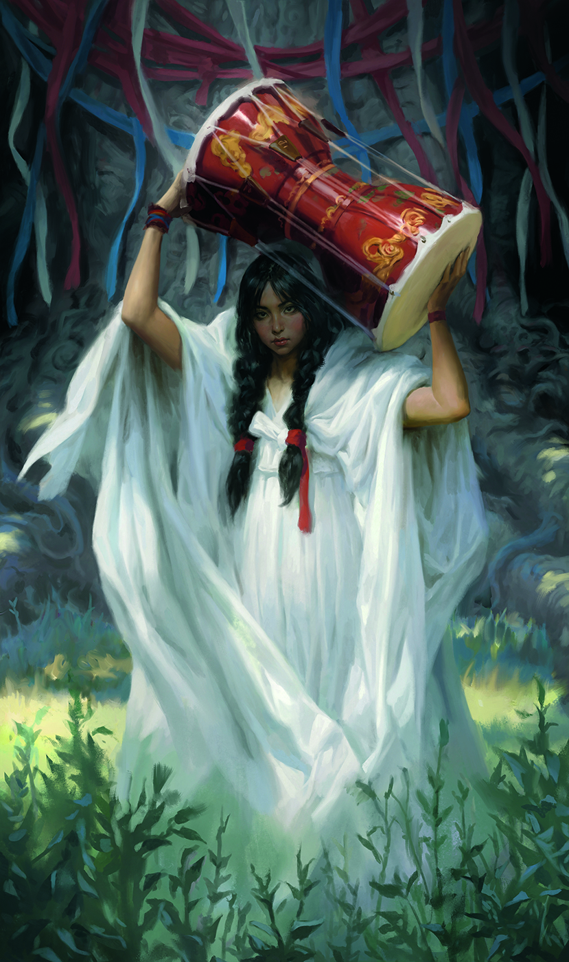 Digital art showing a female character holding a drum above her head