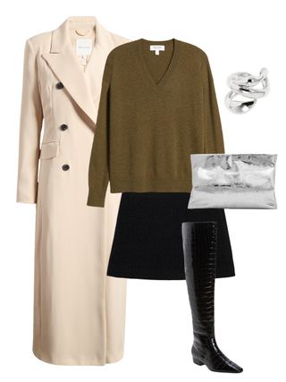 collage of green sweater, cream coat, black mini skirt, black boots, and silver accessories