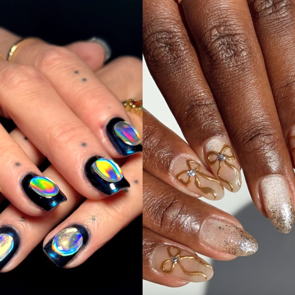 two hands with colorful manicures