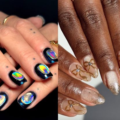 two hands with colorful manicures