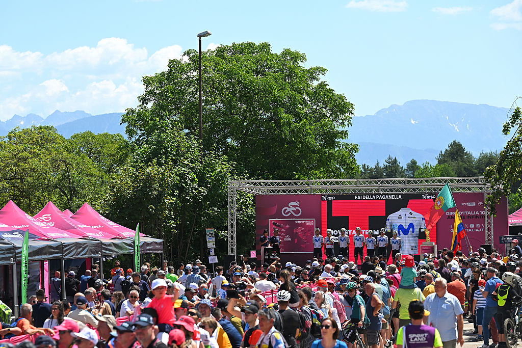 FAI DELLA PAGANELLA, ITALY - MAY 28: Enric Mas of Spain, Orluis Aular of Venezuela, Ivan Garcia Cortina of Spain, Juan Pedro Lopez of Spain, Lorenzo Milesi of Italy, Nelson Oliveira of Portugal, Einer Rubio of Colombia and Team Movistar prior to the 109th Giro d&amp;amp;apos;Italia 2026, Stage 18 a 171km stage from Fai della Paganella to Pieve di Soligo / #UCIWT / on May 28, 2026 in Fai della Paganella, Italy. (Photo by Tim de Waele/Getty Images)
