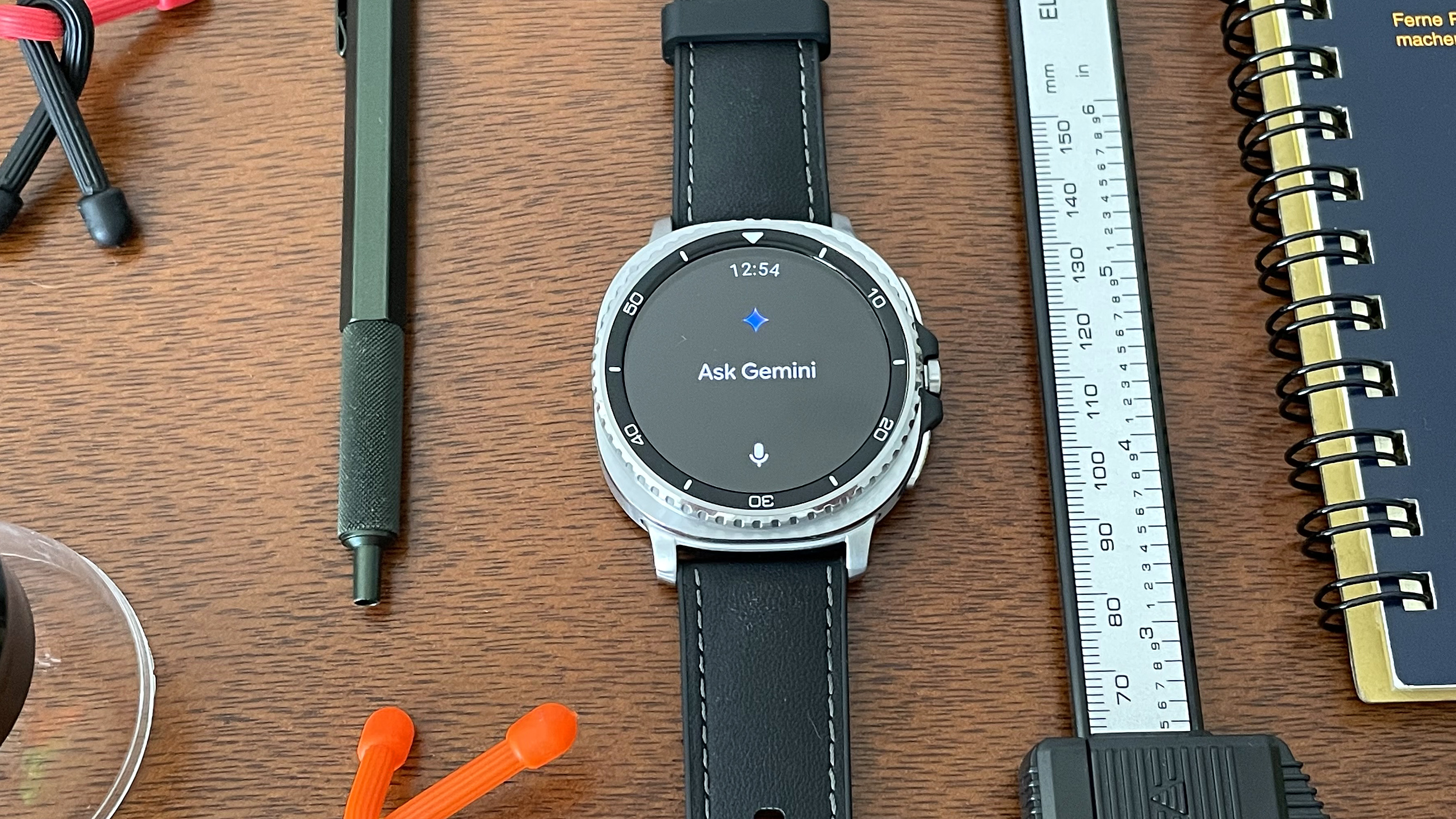 Close-up of the Samsung Galaxy Watch 8 Classic in silver on a black strap