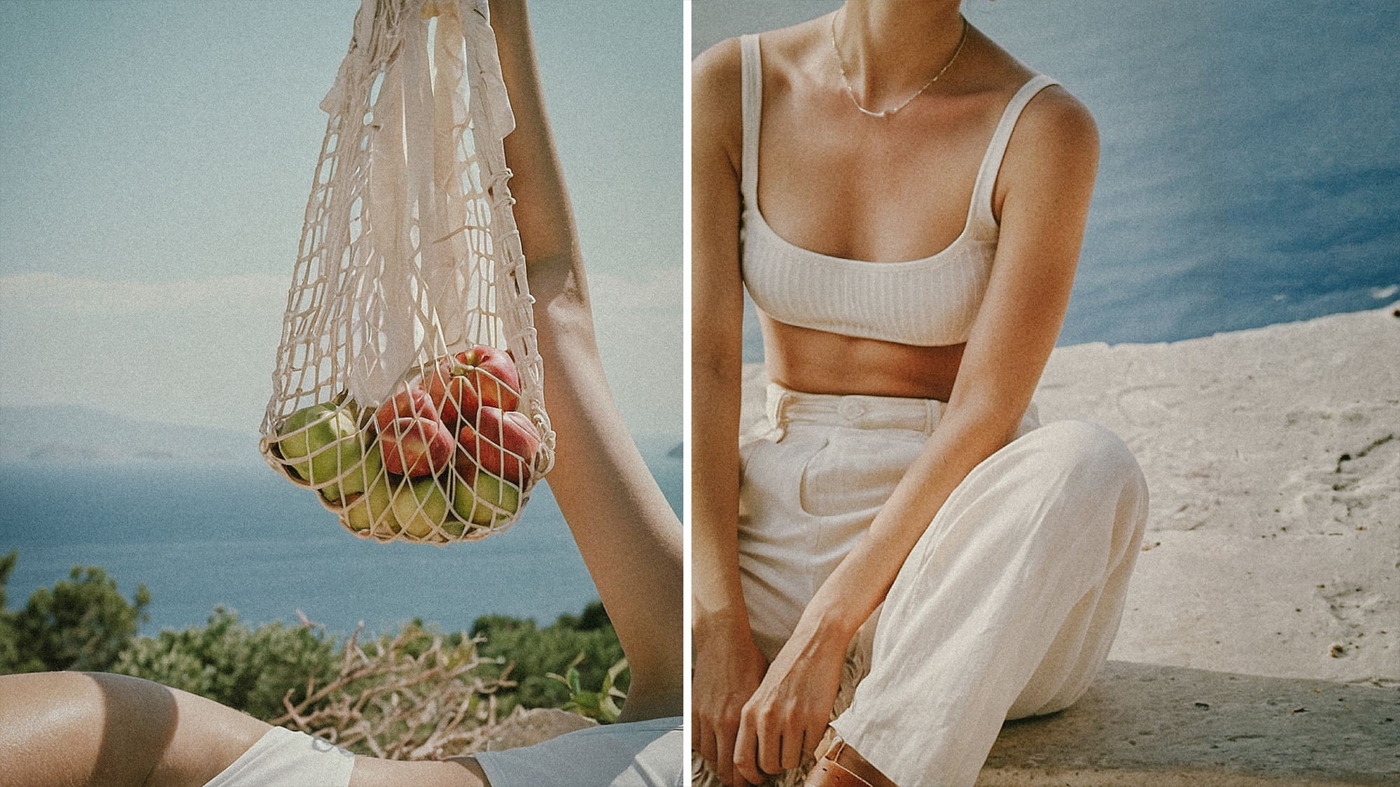 Sustainable living: A woman holding a woven bag of fruit and a woman sitting down by the sea