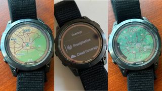 Composite of three images of Garmin Fenix 7 Pro showing weather overlays. Two images show wind and temperature information overlaid maps, the other the menu screen with text reading overlays precipitation cloud coverage
