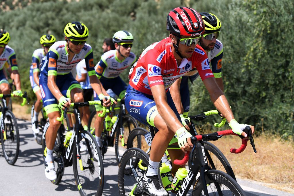 VALDEPEAS DE JAN SPAIN AUGUST 25 Odd Christian Eiking of Norway and Team Intermarch Wanty Gobert Matriaux Red Leader Jersey during the 76th Tour of Spain 2021 Stage 11 a 1336km stage from Antequera to Valdepeas de Jan 1009m lavuelta LaVuelta21 on August 25 2021 in Valdepeas de Jan Spain Photo by Tim de WaeleGetty Images