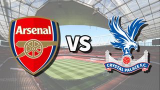 The Arsenal and Crystal Palace club badges on top of a photo of Emirates Stadium in London, England