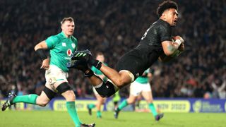 Ardie Savea of the All Blacks scores a try during the International test Match in the series between the New Zealand All Blacks and Ireland at Eden Park