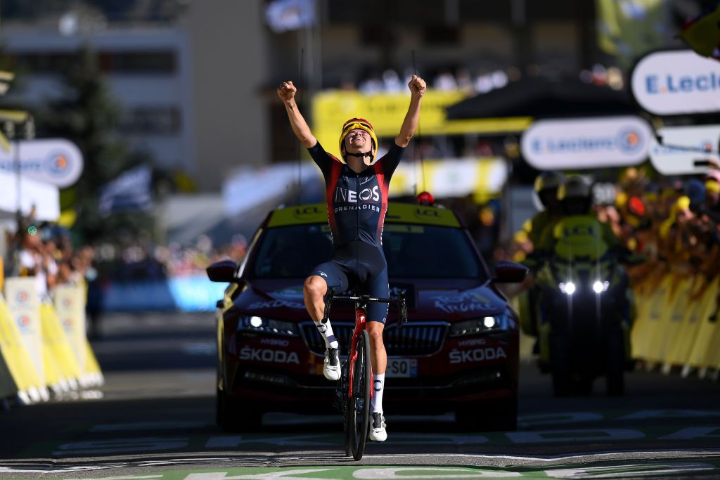 Tom Pidcock crosses the finish line of Stage 12 in the 2022 Tour de France