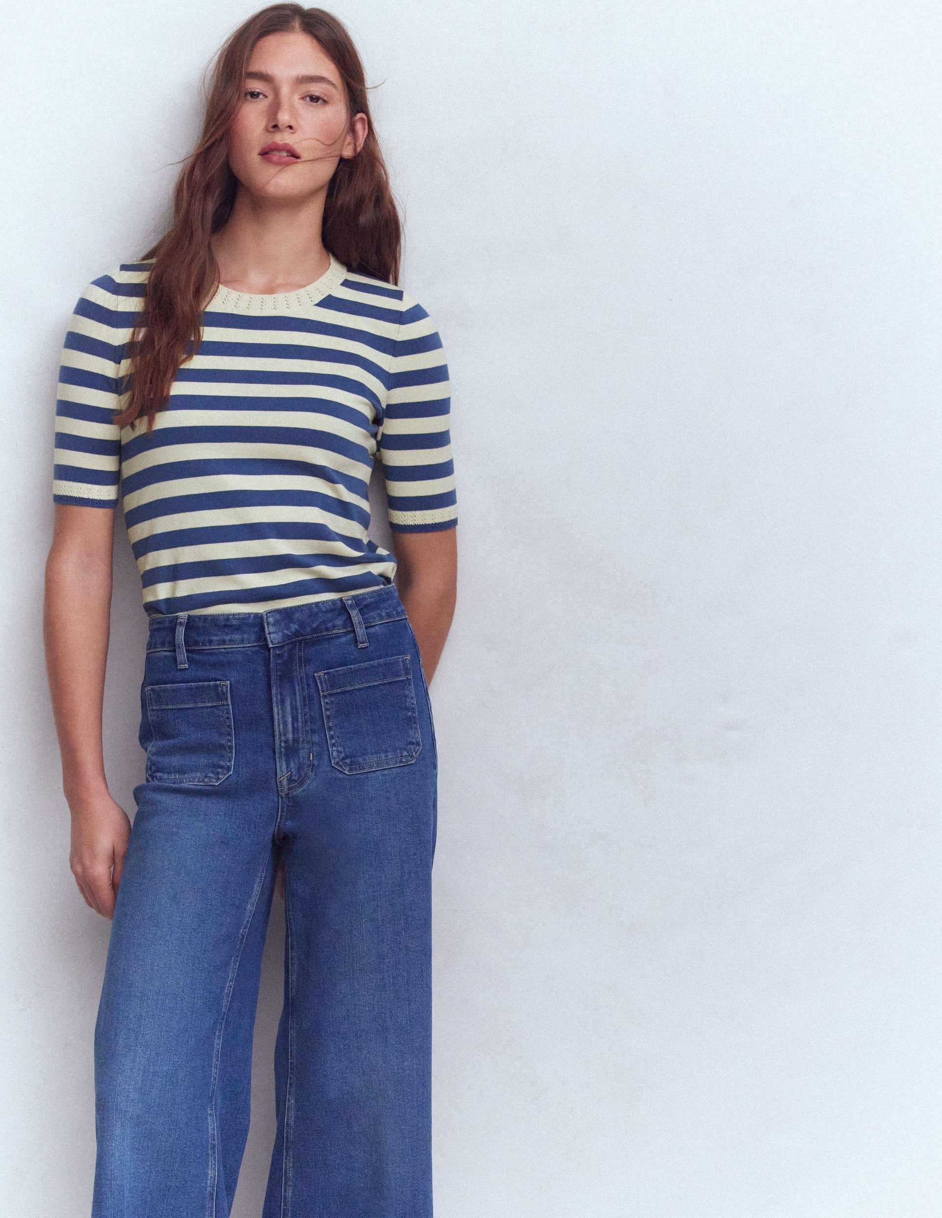 Emilia Cotton Crew T-Shirt-Denim Blue/ Warm Ivory