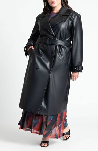 Croc Embossed Faux Leather Trench Coat