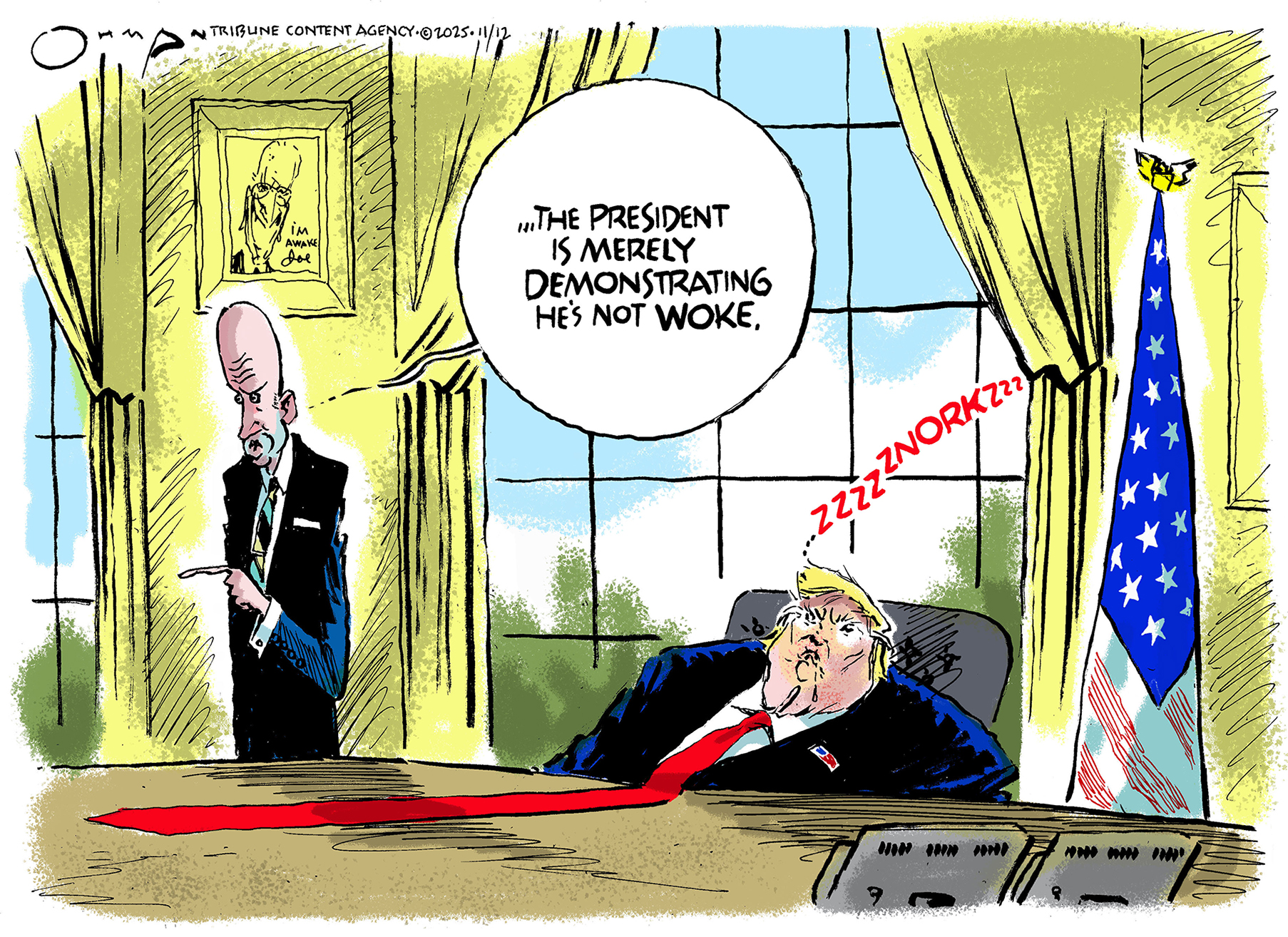 This cartoon is set in the Oval Office where Donald Trump sleeps soundly at the desk. An aide next to him says, &amp;ldquo;The president is merely demonstrating he&amp;rsquo;s not woke.&amp;rdquo;