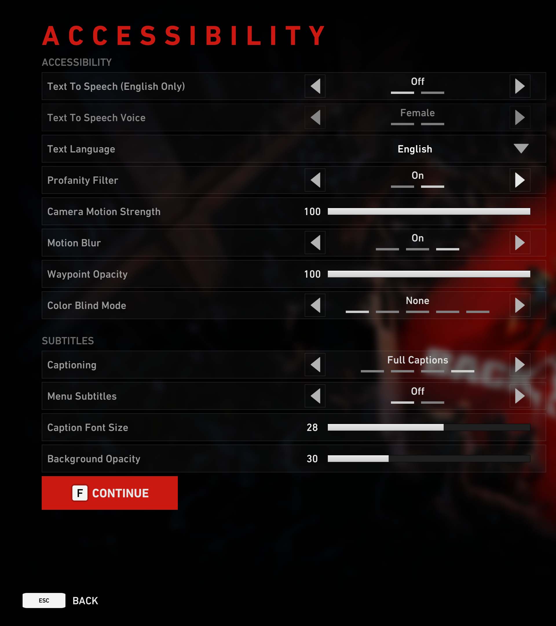 Back 4 Blood accessibility menu options on screen at game startup.