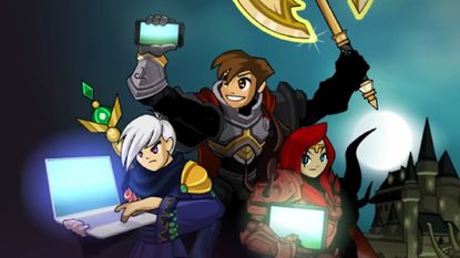 AdventureQuest Worlds: Infinity characters hold up a phone, a tablet, and a laptop