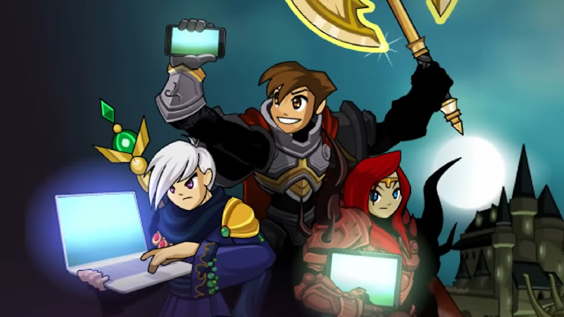 AdventureQuest Worlds: Infinity characters hold up a phone, a tablet, and a laptop