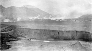 Black and white photo of Katmai valley, alaska cliffs, 10 years after Novarupta eruption
