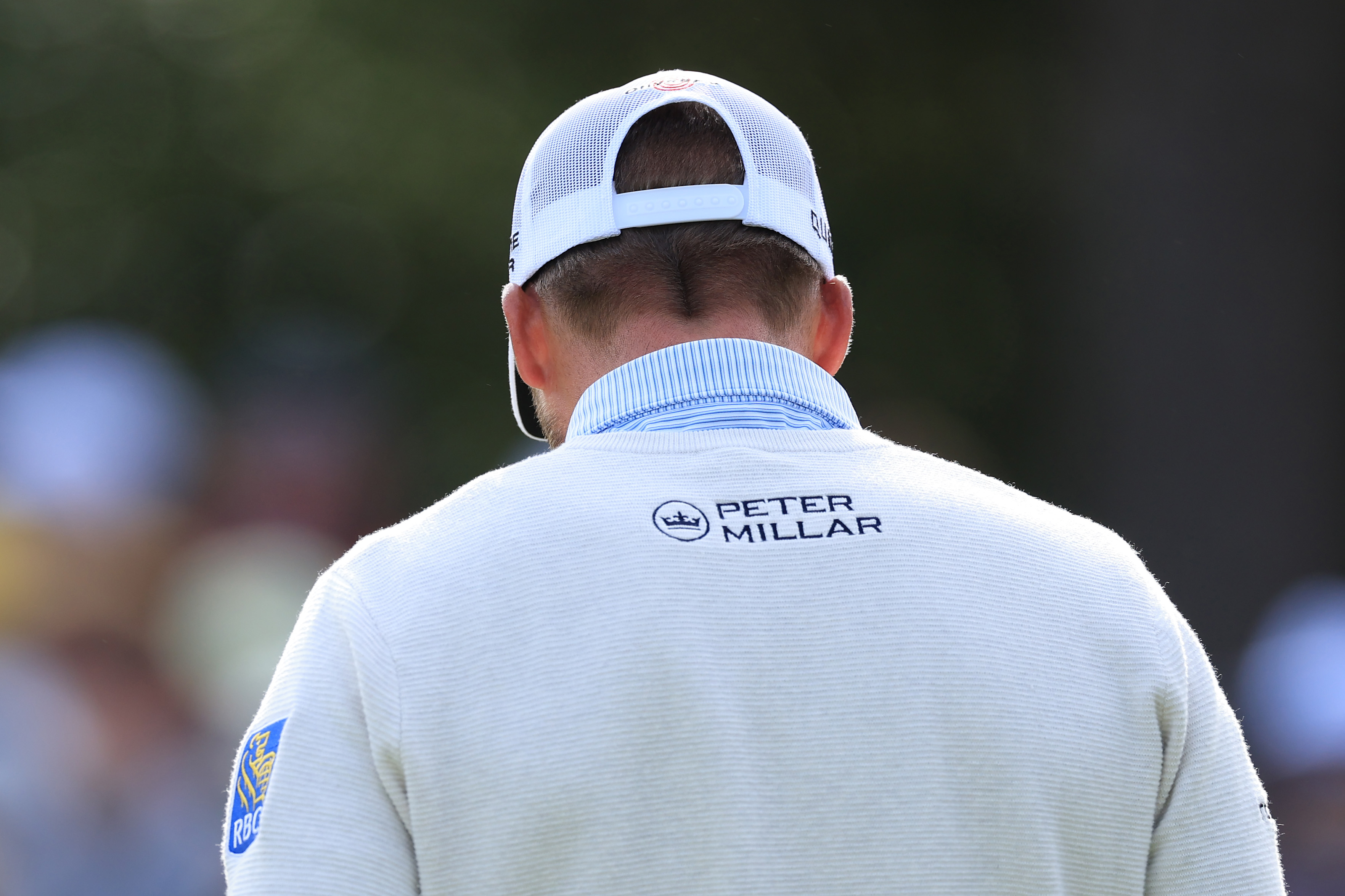 A detailed view of the apparel worn by Sam Burns of the United States during a practice round prior to the 2026 Masters Tournament at Augusta National Golf Club