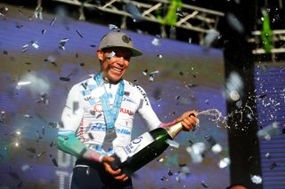 ALTO COLORADO ARGENTINA JANUARY 27 Miguel Angel Lopez of Colombia and Team Medellin EPM celebrates at podium as White Leader Jersey winner during the 39th Vuelta a San Juan International 2023 Stage 5 a 1733km stage from Chimbas to Alto Colorado 2623m VueltaSJ2023 on January 27 2023 in Alto Colorado Argentina Photo by Maximiliano BlancoGetty Images