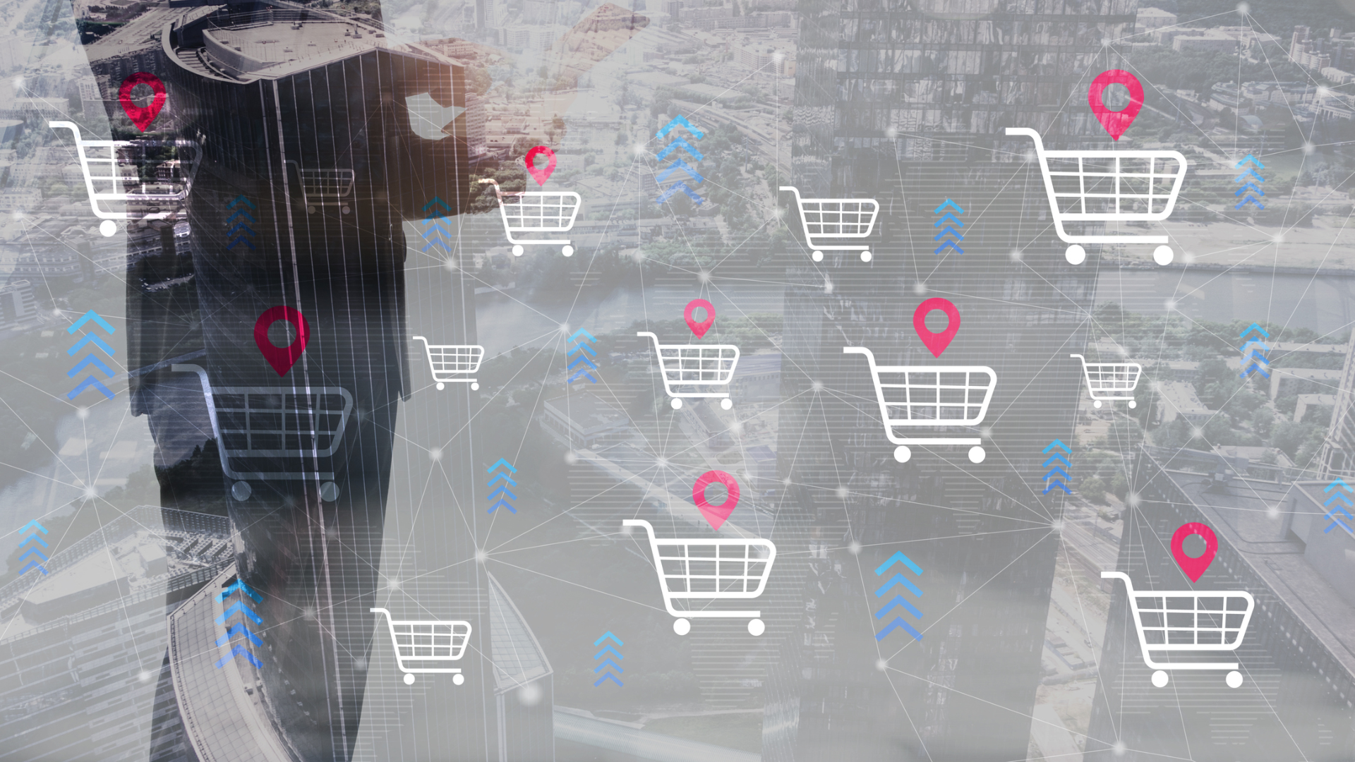A map showing shopping carts and location pins 