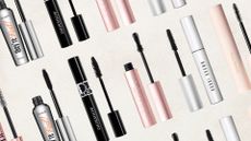 Collage of the best volumising mascaras from (L-R) L'Oréal Paris, Benefit, Dior, Too Faced, Bobbi Brown and Rare Beauty on a neutral beige background