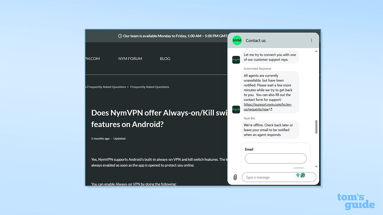 NymVPN's chatbot support
