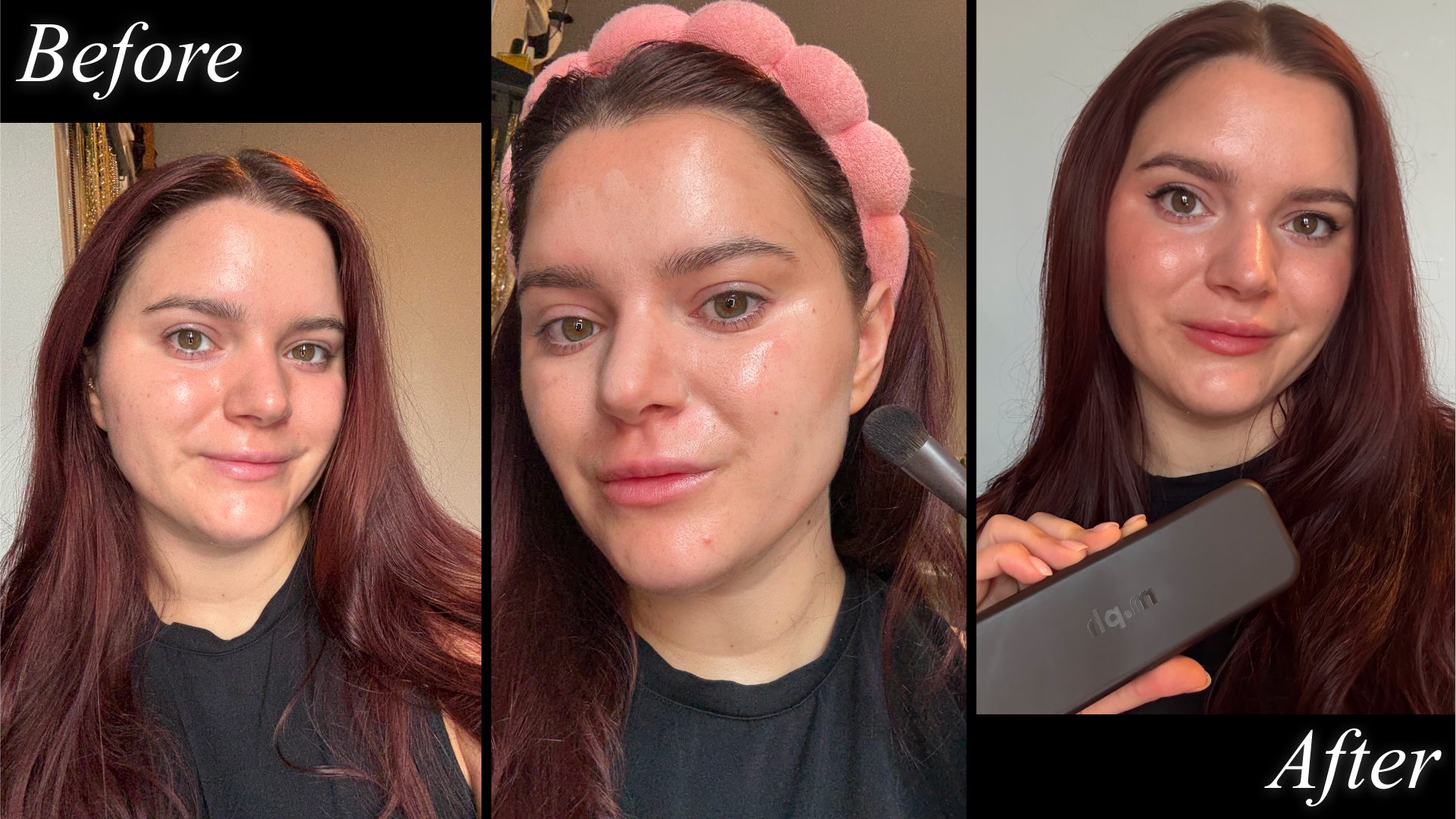 Before, during, and after photos of brooke knappenberger testing mary phillips m.ph makeup line with black border and "before" and "after" text