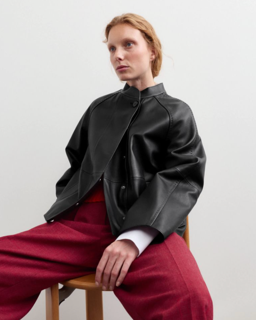 JAEGER, Pure Leather Collarless Short Jacket