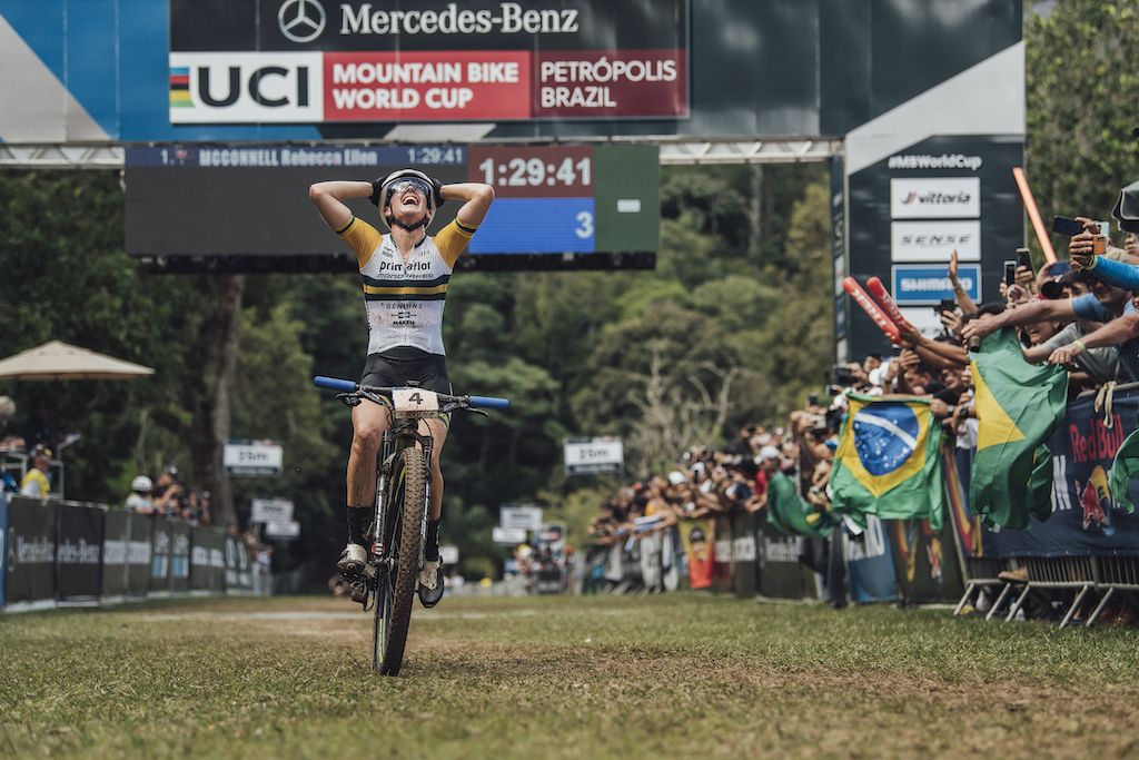 Rebecca McConnell performs at UCI XCO World Cup in Petropolis, Brazil on April 10, 2022 // Bartek Wolinski / Red Bull Content Pool // SI202204110107 // Usage for editorial use only //