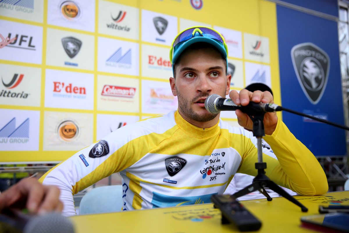 Andrea Guardini (Astana) answers questions after winning a second straight stage