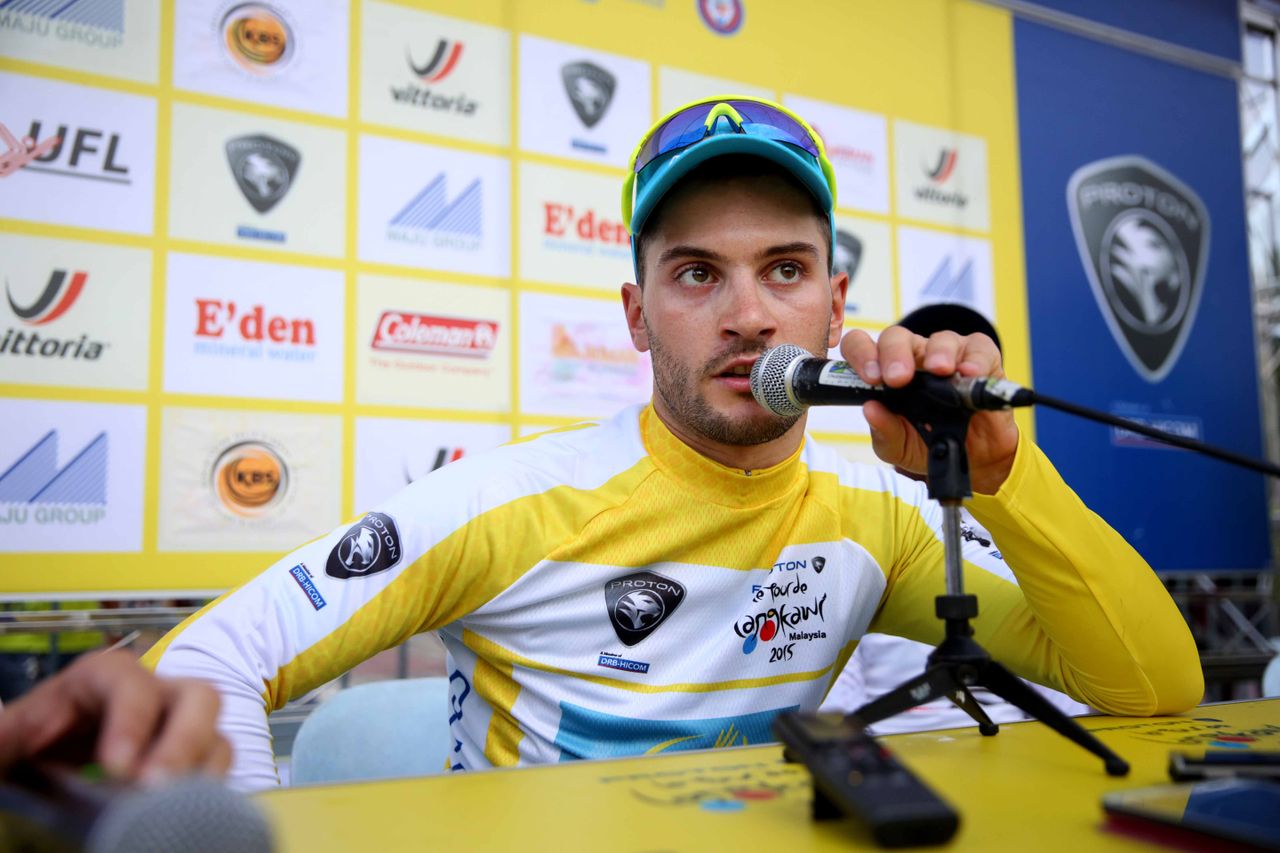 Andrea Guardini (Astana) answers questions after winning a second straight stage