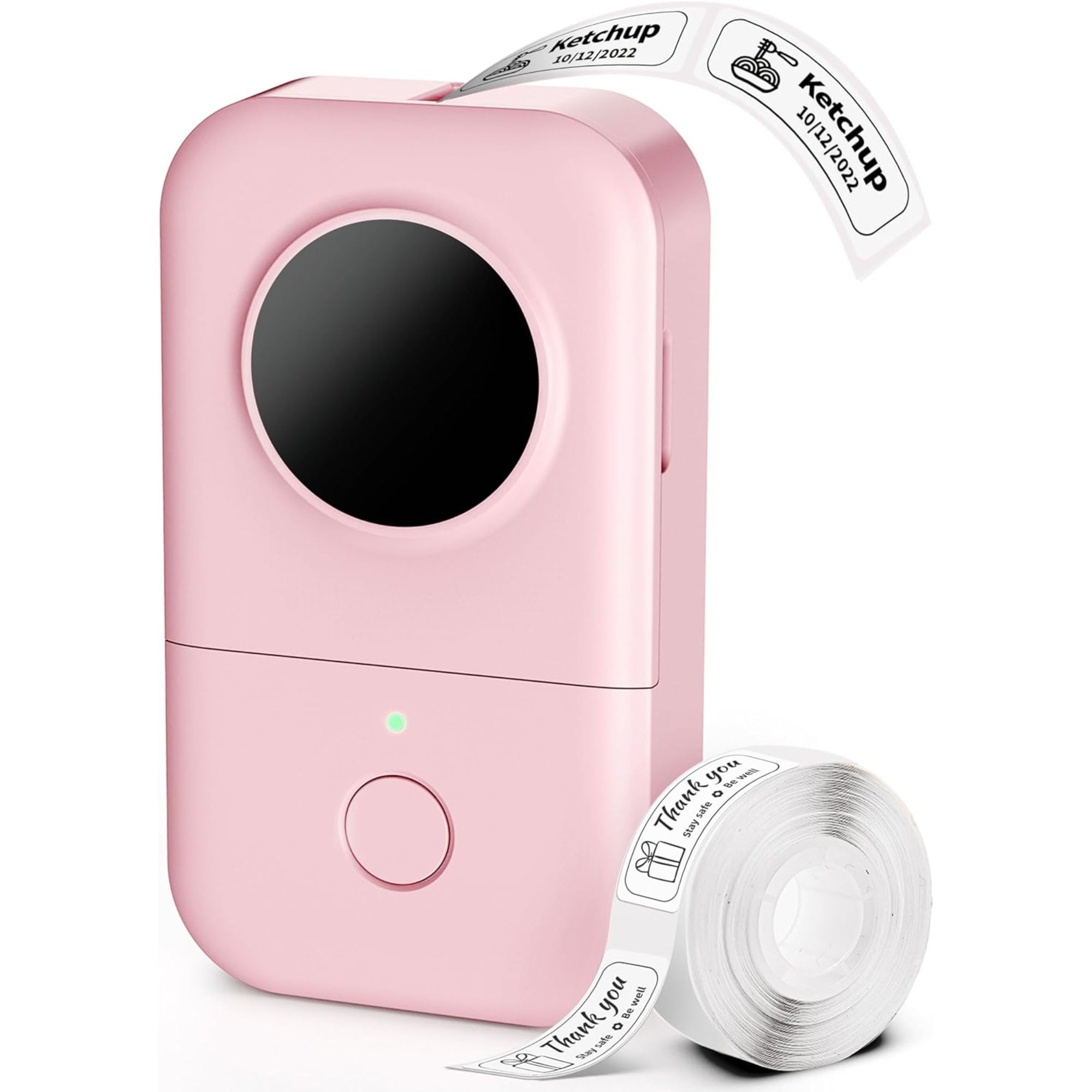 Pink portable label maker with black circular screen