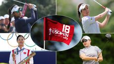 Four female golfers and a US Women's Open flag