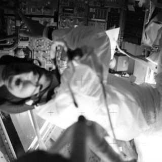 Apollo 13 astronaut Jim Lovell as seen in the lunar module.