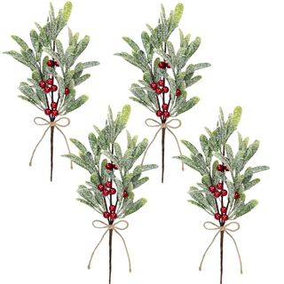 Kksty 4 Pcs Artificial Snowy Mistletoe Sprigs, 14 Inch Fake Mistletoe Pick With Berries Christmas Tree Picks and Sprays for Christmas Decoration Flower Arrangement Wedding Holiday Home Decor ﻿ (red)