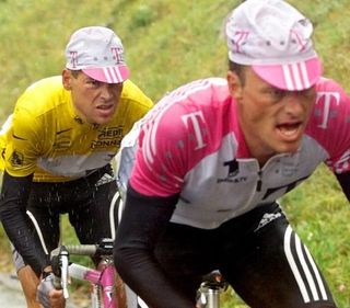 Bjarne Riis leads Jan Ullrich at the Tour de France