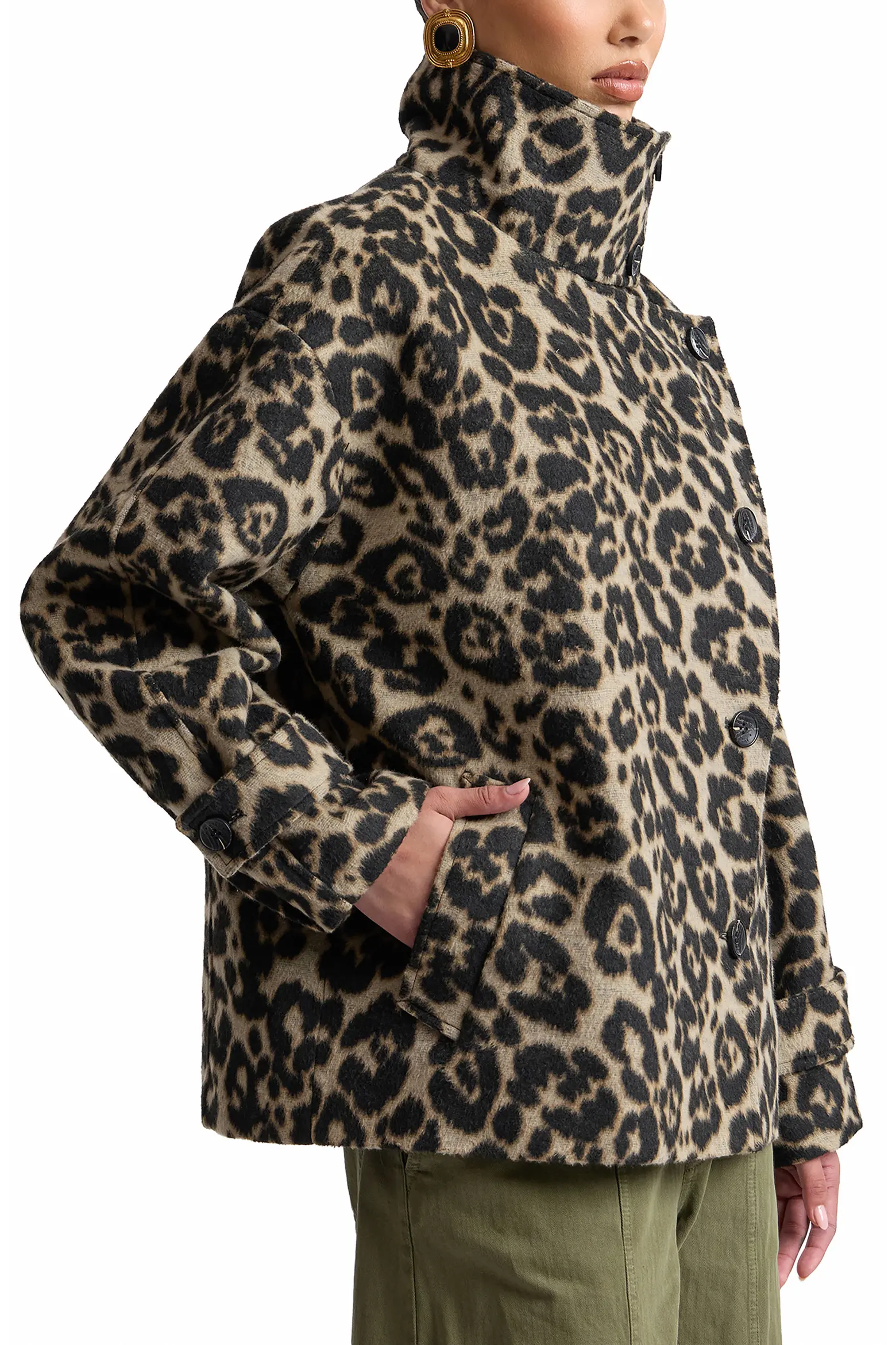 Avec Les Filles, Leopard Print Funnel Neck Cocoon Coat