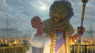 A woman looking behind her at a man wearing a gold lion headpiece in Marvel's Eyes of Wakanda TV show